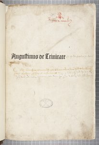 ヒッポのアウグスティヌスが書いた『De trinitate』と『De Civitate Dei cum commento』のタイトルページ（紙にペンとインク）。 作： Unbekannt