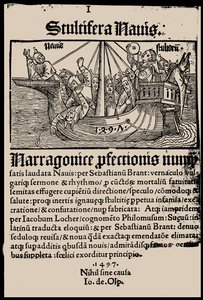 セバスチャン・ブラント著 『船の愚者』 1497年のタイトルページ。 作： Unbekannt