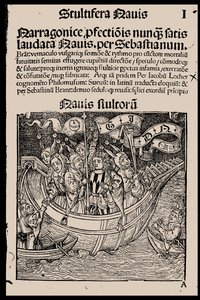 セバスチャン・ブラント著 『船の愚者』 1497年のタイトルページ。 作： Unbekannt