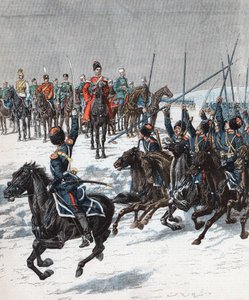1904-5年の日露戦争、コサックを概観するニコラス皇帝