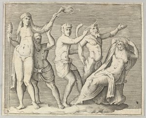 牧神とサテュロスの2人の人物がリクライニングウーマンに近づき、ca。 1599-1622。 作： Unbekannt