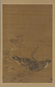 蓮の池で餌をやる 2 羽のガチョウ、明王朝、16 ～ 17 世紀。 作： Unbekannt