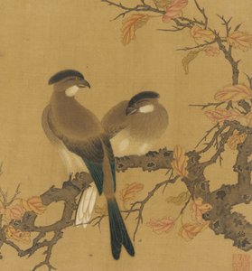 枝に 2 羽の紋付きの鳥、紅葉、清王朝、18 世紀。 作： Unbekannt