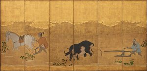 田んぼを耕し、荒廃させる 2 人の農民、江戸時代、1615 ～ 1868 年。 作： Unbekannt
