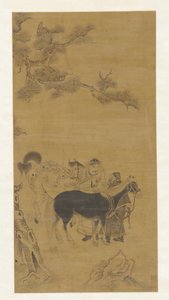 松の木の下で 2 人の男性と 2 頭の馬、清王朝、18 世紀。