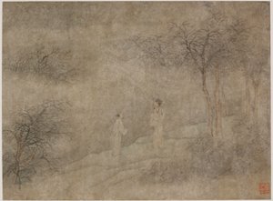 霧の森を歩く二人の男、明代、1368～1644年。 作： Unbekannt
