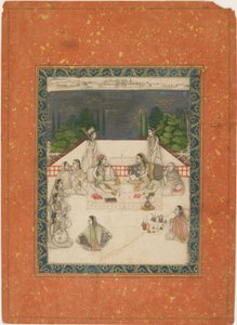 2 人の女性がテラスに座っており、アテンダントやミュージシャンに囲まれています。 1650年。