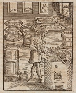 火薬や肉の保存に使われるサルペトルをテストする男性 - Lazarus Eckerの「Description des minerais et des principales methodes d