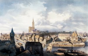 サン・ギョーム塔からのストラスブール（フランス）の眺め。カラーのリトグラフ。 作： Unbekannt