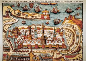 1538年のカレーの街の風景。キシログラフィー。 作： Unbekannt