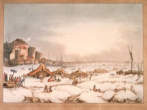 1814 年、ロンドンのスリー クレーンズ ワーフの凍ったテムズ川の眺め 作： Unbekannt