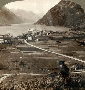 1905年、ノルウェーの狭い山壁に囲まれたソルフィヨルドの北、オッデの村の屋根と日当たりの良い畑。 作： Unbekannt