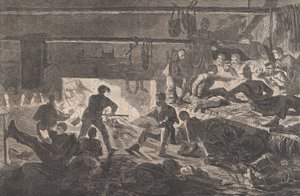 キャンプの冬宿舎 - 小屋の内部 ハーパーズ ウィークリー Vol. VII、1863 年 1 月 24 日。