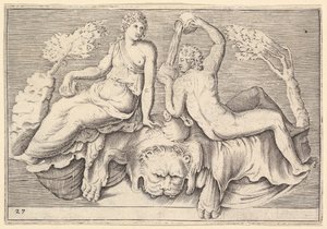 ライオンスキンに腰掛けた女と男、マン注ぐワイン、ca。 1599-1622。 作： Unbekannt