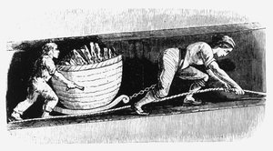3〜4 cwtの石炭が含まれるカーブを描く女性と少年、ボルトン、ランカシャー、1848