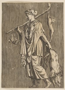 左手にイノシシ、手に棒を持って狩りから戻ってきた女性。 1515-1600。 作： Unbekannt