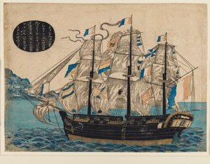 木版画 - オランダの帆船、VOC の旗 作： Unbekannt