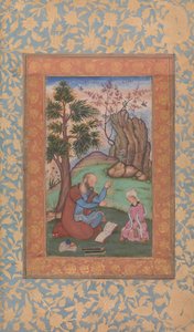 若い王子とメンターが風景に座っています。 1600年。 作： Unbekannt