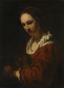 真珠のネックレスを持つ若い女性。 作： Unbekannt