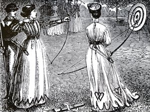 アーチェリーの練習をする若い女性たち