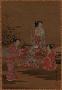 庭に座っている若い女性と 2 人の少女付き添い、江戸時代、1615 ～ 1868 年。 作： Unbekannt