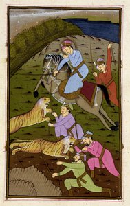ムガルのアクバルナマからトラ狩りをするアクバル（1590年頃）（イラスト付きのテキスト） 作： Unbekannt Unbekannt