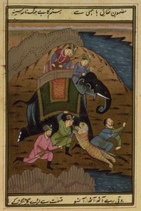 ムガール帝国のアクバルナマ出身のトラ狩りの皇帝アクバル（1556-1608）（イラスト付きのテキスト） 作： Unbekannt Unbekannt