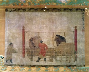 吊り下げ、新郎が馬に餌をやる、シルクにインクと水彩を描いたもの、ジェンジェンファー、中国、14世紀 作： Unbekannt Unbekannt