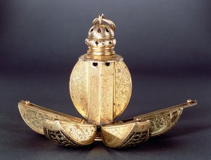 香水または他の芳香物質を保持するために使用される4つの開いたコンパートメントを備えたポマンダー、銀色、おそらく英語c.1580 作： Unbekannt Unbekannt