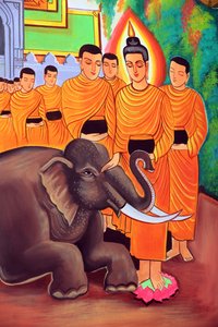 20151029, ビエンチャン, ラオス :Wat Si Muang ( Simuong ) 仏教寺院。釈迦牟尼仏の一代記を描いた絵。慈愛の心で飼いならされた野生の象 作： Unbekannt