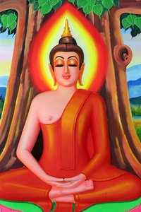 20151030, ビエンチャン, ラオス :Wat Si Muang ( Simuong ) 仏教寺院。釈迦牟尼仏の一代記を描いた絵。菩提樹の下で瞑想のポーズをとっている仏陀