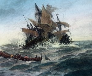 シュトラールズント市への救援を求めるデンマークの船が難破した。 作： Unbekannter Künstler