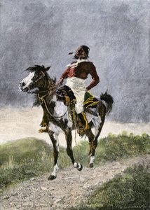 1800年頃、南部の草原地帯（テキサス、オクラホマ、アメリカ）を馬で旅する勇敢なコマンチ族。リトグラフ
