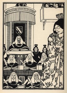 女性の多い宮廷は、男爵にとっては冒険の中でも皮肉に値するもののようだ。Rudolf Erich Raspe（1736-1794）の『ミュンヒハウゼン男爵の冒険』（1789年）からWilliam Strang（1859-1921）とJB Clarkが描いたもの。 作： Unbekannt