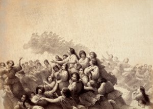 魂の群れが楽園の大空を飛ぶ。ダンテ・アリギエーリの『神曲』パラディソのカントIIIの挿絵。フランチェッソ・スカラムッツァがフィレンツェ市に捧げた作品。 作： Unbekannter Künstler