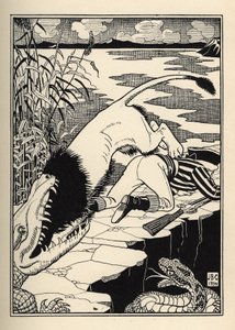 ミュンヒハウゼン男爵を襲おうとしたライオンの行き着く先は、ワニだった。Rudolf Erich Raspe（1736-1794）の「ミュンヒハウゼン男爵（ミュンヒハウゼン）の冒険」（1789年）からWilliam Strang（1859-1921）とJB Clarkが描いたイラスト 作： Unbekannt