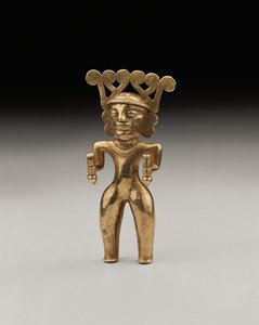 おそらくパナマまたはコスタリカからのシャーマンの珍しいインターナショナルスタイルの金の人物、c.500-1000 作： Unbekannt