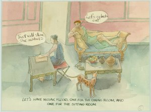 Uma ilustração de reconstrução mostrando dois personagens em sua villa recém-construída e considerando a adição de um piso de mosaico, no livro Marcus and Julia
