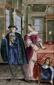 モリエール作「タルチュフ」（1664年）の一場面、オルゴン（テーブルの下）、妻のエルミール、タルチュフ、エングレーヴィング 作： Unbekannter Künstler