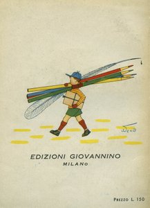 ペンと鉛筆を身につけた小学生の姿。子供用の音楽アルバム。Edizioni Giovannino, sd.
