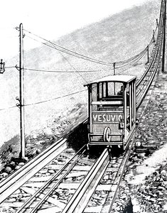 ヴェスヴィオ山のケーブルカーに乗っている車の側面図。 作： Unbekannt
