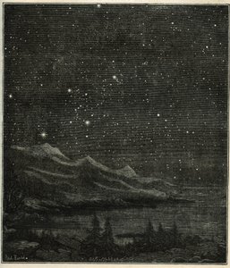 空を観察するのにぴったりの星空。 カミーユ・フラマリオンの「空の星とその他の好奇心」からの彫刻 作： Unbekannter Künstler