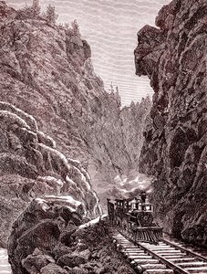 コロラド山脈を横断する列車。1886年のアメリカ（エングレーヴィング） 作： Unbekannter Künstler