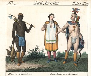 刺青を入れたアケイディア人の男性とカナダ先住民のインディアンのカップル。本のためのリトグラフ：Friedrich Wilhelm Goedsche (1785-1863)作 "Galerie complete en tableaux fideles des peuples d