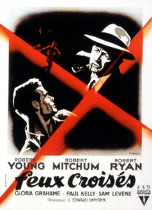 ロバート・ヤング、ロバート・ミッチャム、ロバート・ライアン出演のEdwarddMytryk監督の映画「クロスファイア」のポスター 1947年