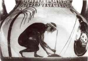 死の準備をするエイジャックス、紀元前6世紀のギリシャのクラテル瓶（彫刻）を模したイラスト（モノクロ写真