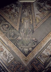 秋の寓意像、季節と狩猟の場面を描いたモザイク舗装の細部、ローマ、ダフネのコンスタンティニアン・ヴィラより、紀元後325年から330年頃（大理石、石灰岩、ガラスモザイク 作： Unbekannt