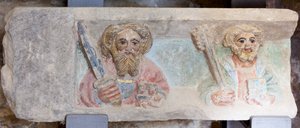 祭壇画。ポリクローム・ストーン。14世紀後半の作品。起源はトーレ・デ・リアルブの旧教区教会。詳細。下部レジスター。左パネル。福音書記者パウロ・ペテロ。 作： Unbekannt