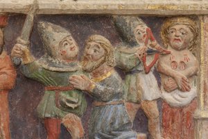 祭壇画。ポリクローム・ストーン。14世紀後半の作品。起源はトーレ・デ・リアルブの旧教区教会。詳細。中央のレジスター。左パネル。下段：役人が聖イスクルの斬首とサの乳房切断の場面を見ている。 作： Unbekannt