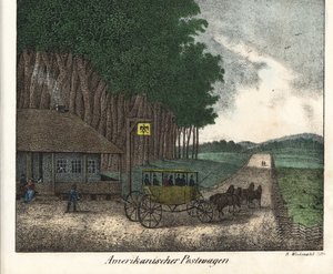 アメリカの郵便局と勤勉さ本のためのリトグラフ：Friedrich Wilhelm Goedsche (1785-1863)作 "Galerie complete en tableaux fideles des peuples d